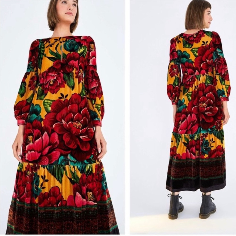 FARM RIO WINTER GARDEN VELVET MIDI DRESS